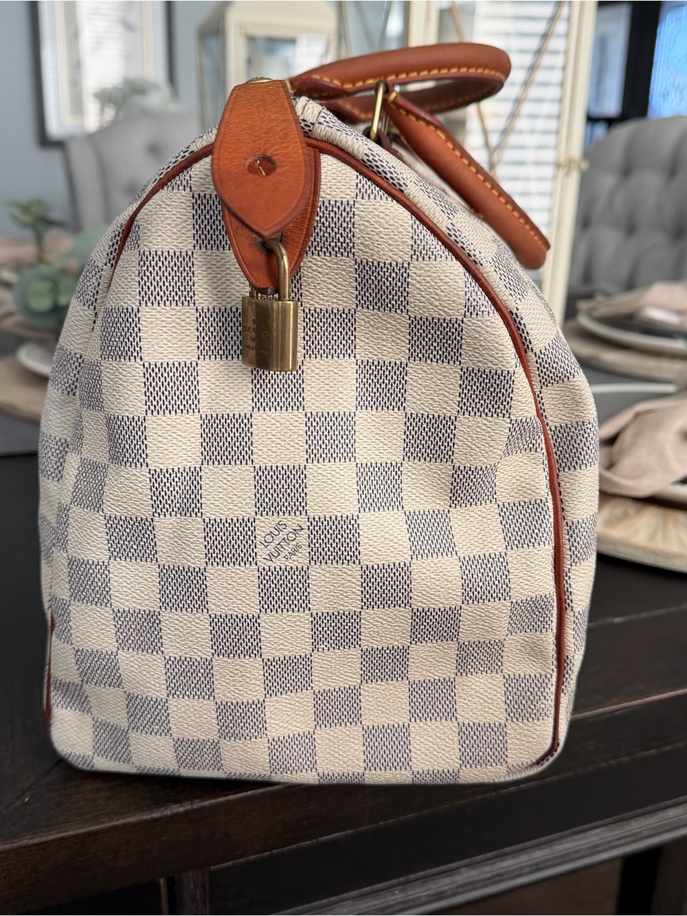 Classic Checkered Travel Bag Speedy 35 in Cream & Gray with Brown Trim - Picture 4 of 15